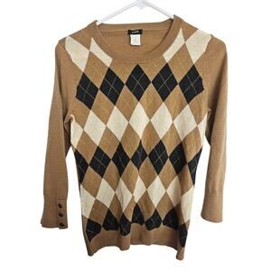 J. Crew Womens Argyle Diamond Merino Wool Crew Neck Sweater Size M Dark Academia